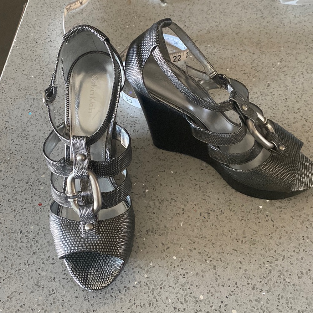 Calvin Klein wedge platinum colored heels